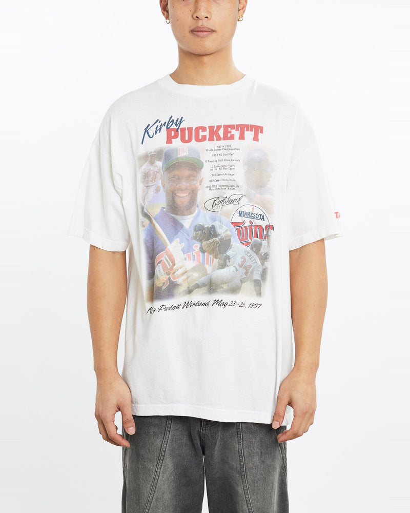 Vintage, 1997, Kirby, Puckett, MLB, Minnesota, Twins, Tee, The Real Deal, size large, colour White, newtown, sydney, australia, thrift store, opshop, preloved, secondhand, sustainable, retro, antique, 70s, 80s, 90s, 2000s, 00s, fashion, clothing, streetwear, trendy, garment, style, boutique, store, shop, archive, sale, cheap, best, top, T-Shirts