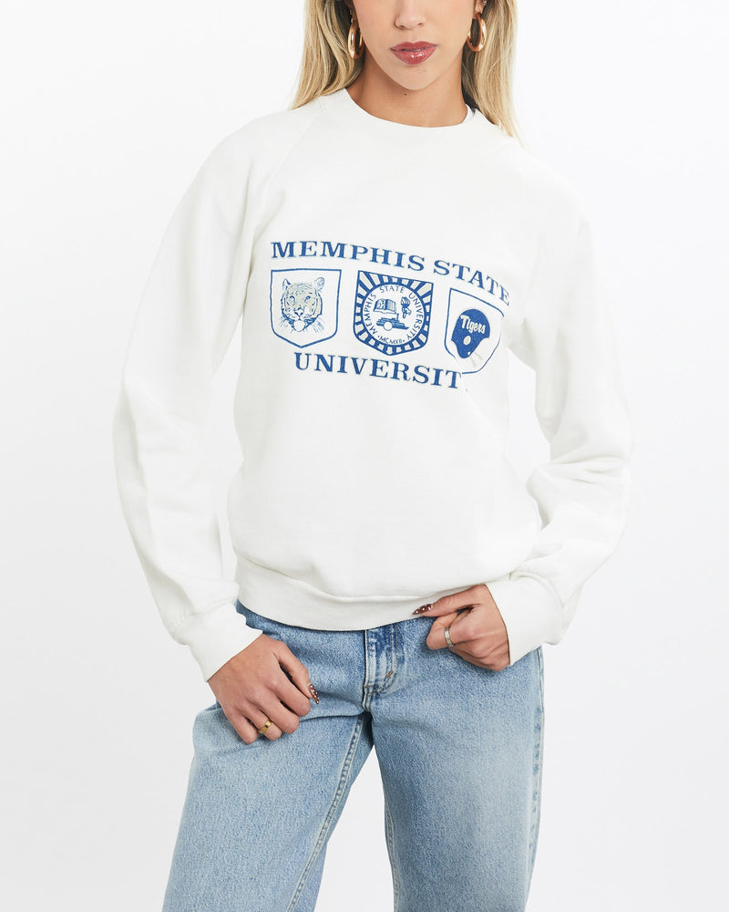 Vintage, 80s, NCAA, Memphis, State, Tigers, Sweatshirt, The Real Deal, size double extra small, colour White, newtown, sydney, australia, thrift store, opshop, preloved, secondhand, sustainable, retro, antique, 70s, 80s, 90s, 2000s, 00s, fashion, clothing, streetwear, trendy, garment, style, boutique, store, shop, archive, sale, cheap, best, top, Sweats and hoodies
