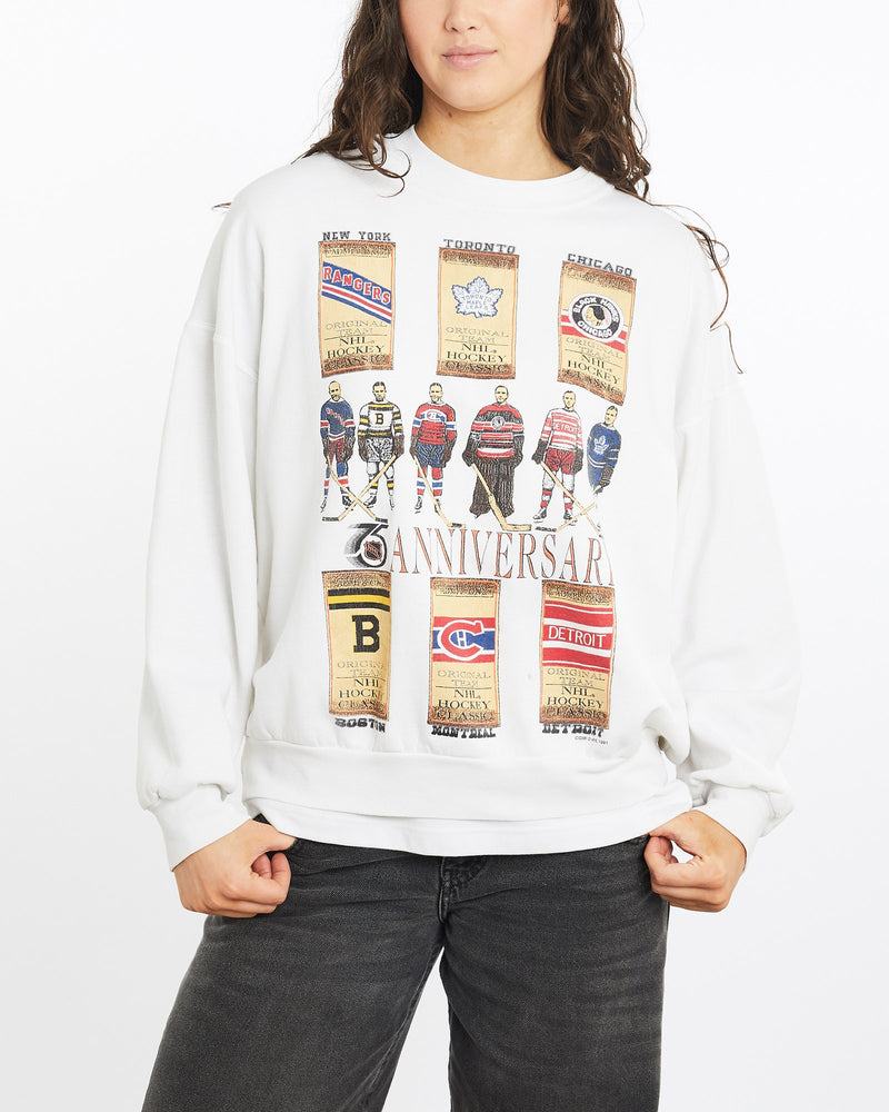 Vintage, 1991, Canadian, Hockey, League, Sweatshirt, The Real Deal, size medium, colour White, newtown, sydney, australia, thrift store, opshop, preloved, secondhand, sustainable, retro, antique, 70s, 80s, 90s, 2000s, 00s, fashion, clothing, streetwear, trendy, garment, style, boutique, store, shop, archive, sale, cheap, best, top, Sweats and hoodies