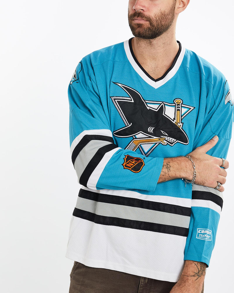 Vintage, 90s, NHL, San, Jose, Sharks, Jersey, The Real Deal, size large, colour Blue, newtown, sydney, australia, thrift store, opshop, preloved, secondhand, sustainable, retro, antique, 70s, 80s, 90s, 2000s, 00s, fashion, clothing, streetwear, trendy, garment, style, boutique, store, shop, archive, sale, cheap, best, top, T-Shirts