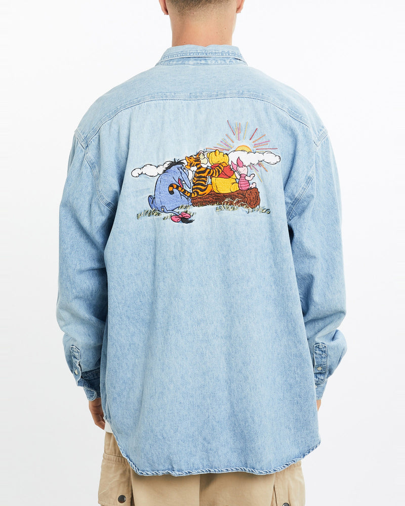 Vintage, 90s, Disney, Winnie, The, Pooh, Denim, Button, Up, Shirt, The Real Deal, size extra large, colour Blue, newtown, sydney, australia, thrift store, opshop, preloved, secondhand, sustainable, retro, antique, 70s, 80s, 90s, 2000s, 00s, fashion, clothing, streetwear, trendy, garment, style, boutique, store, shop, archive, sale, cheap, best, top, Shirts