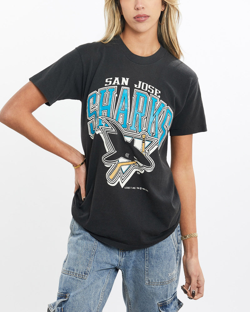 Vintage, 1991, NHL, San, Jose, Sharks, Tee, The Real Deal, size extra small, colour Black, newtown, sydney, australia, thrift store, opshop, preloved, secondhand, sustainable, retro, antique, 70s, 80s, 90s, 2000s, 00s, fashion, clothing, streetwear, trendy, garment, style, boutique, store, shop, archive, sale, cheap, best, top, T-Shirts