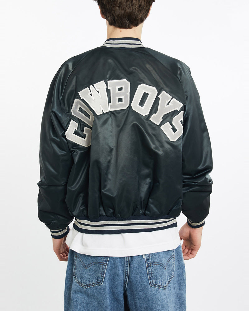 Vintage, 90s, NFL, Dallas, Cowboys, Satin, Bomber, Jacket, The Real Deal, size extra large, colour Navy, newtown, sydney, australia, thrift store, opshop, preloved, secondhand, sustainable, retro, antique, 70s, 80s, 90s, 2000s, 00s, fashion, clothing, streetwear, trendy, garment, style, boutique, store, shop, archive, sale, cheap, best, top, Jackets