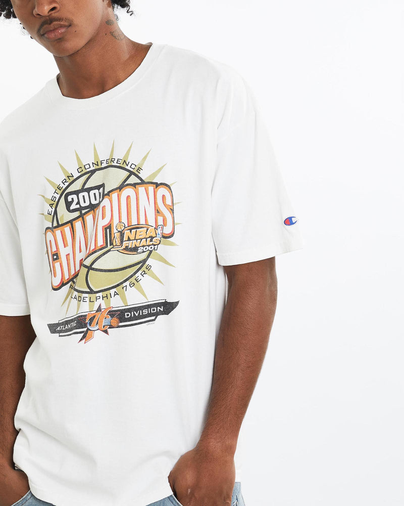Vintage, Champion, NBA, Philadelphia, 76ers, Tee, The Real Deal, size large, colour White, newtown, sydney, australia, thrift store, opshop, preloved, secondhand, sustainable, retro, antique, 70s, 80s, 90s, 2000s, 00s, fashion, clothing, streetwear, trendy, garment, style, boutique, store, shop, archive, sale, cheap, best, top, T-Shirts