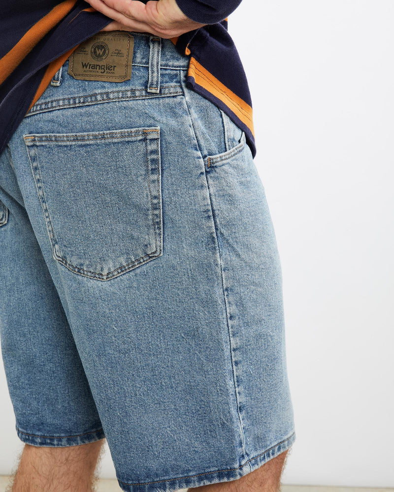 Vintage, Wrangler, Denim, Shorts, The Real Deal, size 33", colour Blue, newtown, sydney, australia, thrift store, opshop, preloved, secondhand, sustainable, retro, antique, 70s, 80s, 90s, 2000s, 00s, fashion, clothing, streetwear, trendy, garment, style, boutique, store, shop, archive, sale, cheap, best, top, Shorts