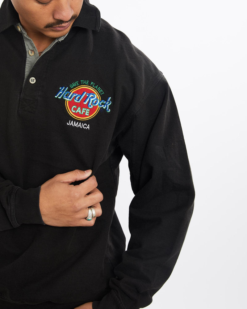 Vintage, 90s, Hard, Rock, Cafe, Long, Sleeve, Polo, Shirt, The Real Deal, size large, colour Black, newtown, sydney, australia, thrift store, opshop, preloved, secondhand, sustainable, retro, antique, 70s, 80s, 90s, 2000s, 00s, fashion, clothing, streetwear, trendy, garment, style, boutique, store, shop, archive, sale, cheap, best, top, Shirts
