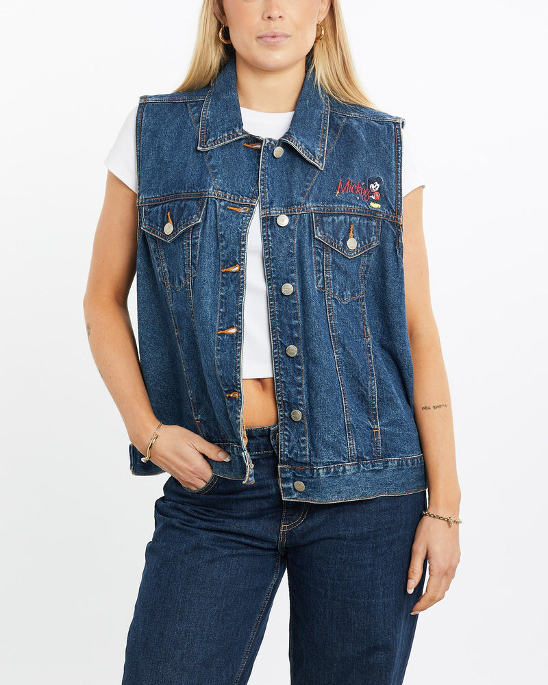 Vintage, 90s, Disney, Mickey, Mouse, Denim, Vest, The Real Deal, size medium, colour Navy, newtown, sydney, australia, thrift store, opshop, preloved, secondhand, sustainable, retro, antique, 70s, 80s, 90s, 2000s, 00s, fashion, clothing, streetwear, trendy, garment, style, boutique, store, shop, archive, sale, cheap, best, top, Jackets