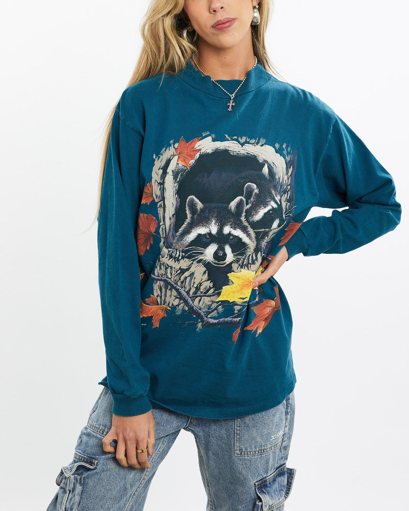 Vintage, 90s, Racoon, Wildlife, Long, Sleeve, Tee, The Real Deal, size small, colour Blue, newtown, sydney, australia, thrift store, opshop, preloved, secondhand, sustainable, retro, antique, 70s, 80s, 90s, 2000s, 00s, fashion, clothing, streetwear, trendy, garment, style, boutique, store, shop, archive, sale, cheap, best, top, T-Shirts
