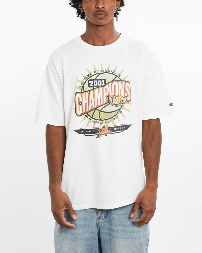 Vintage, Champion, NBA, Philadelphia, 76ers, Tee, The Real Deal, size large, colour White, newtown, sydney, australia, thrift store, opshop, preloved, secondhand, sustainable, retro, antique, 70s, 80s, 90s, 2000s, 00s, fashion, clothing, streetwear, trendy, garment, style, boutique, store, shop, archive, sale, cheap, best, top, T-Shirts