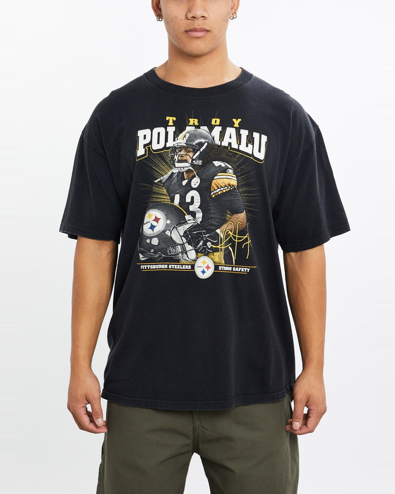 Vintage, Troy, Polamalu, NFL, Pittsburgh, Steelers, Tee, The Real Deal, size large, colour Black, newtown, sydney, australia, thrift store, opshop, preloved, secondhand, sustainable, retro, antique, 70s, 80s, 90s, 2000s, 00s, fashion, clothing, streetwear, trendy, garment, style, boutique, store, shop, archive, sale, cheap, best, top, T-Shirts