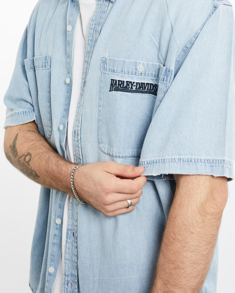 Vintage, Harley, Davidson, Short, Sleeve, Denim, Button, Up, Shirt, The Real Deal, size extra large, colour Blue, newtown, sydney, australia, thrift store, opshop, preloved, secondhand, sustainable, retro, antique, 70s, 80s, 90s, 2000s, 00s, fashion, clothing, streetwear, trendy, garment, style, boutique, store, shop, archive, sale, cheap, best, top, Shirts