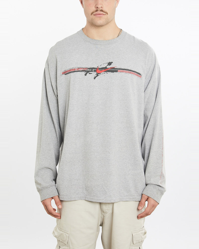 Vintage, Nike, Long, Sleeve, Tee, The Real Deal, size double extra large, colour Grey, newtown, sydney, australia, thrift store, opshop, preloved, secondhand, sustainable, retro, antique, 70s, 80s, 90s, 2000s, 00s, fashion, clothing, streetwear, trendy, garment, style, boutique, store, shop, archive, sale, cheap, best, top, T-Shirts