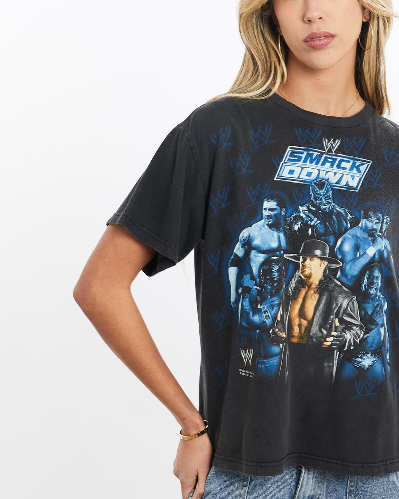 Vintage, WWE, Smack, Down, Tee, The Real Deal, size extra small, colour Black, newtown, sydney, australia, thrift store, opshop, preloved, secondhand, sustainable, retro, antique, 70s, 80s, 90s, 2000s, 00s, fashion, clothing, streetwear, trendy, garment, style, boutique, store, shop, archive, sale, cheap, best, top, T-Shirts