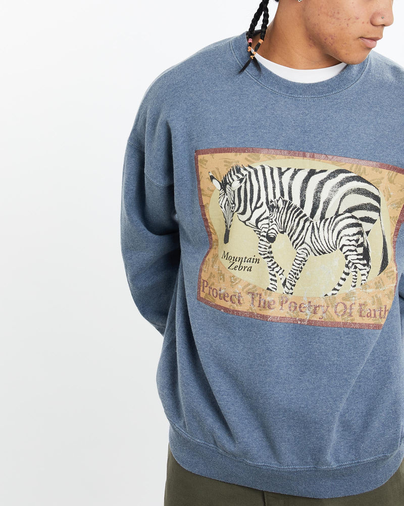 Vintage, 90s, WWF, Zebra, Wildlife, Sweatshirt, The Real Deal, size large, colour Blue, newtown, sydney, australia, thrift store, opshop, preloved, secondhand, sustainable, retro, antique, 70s, 80s, 90s, 2000s, 00s, fashion, clothing, streetwear, trendy, garment, style, boutique, store, shop, archive, sale, cheap, best, top, Sweats and hoodies