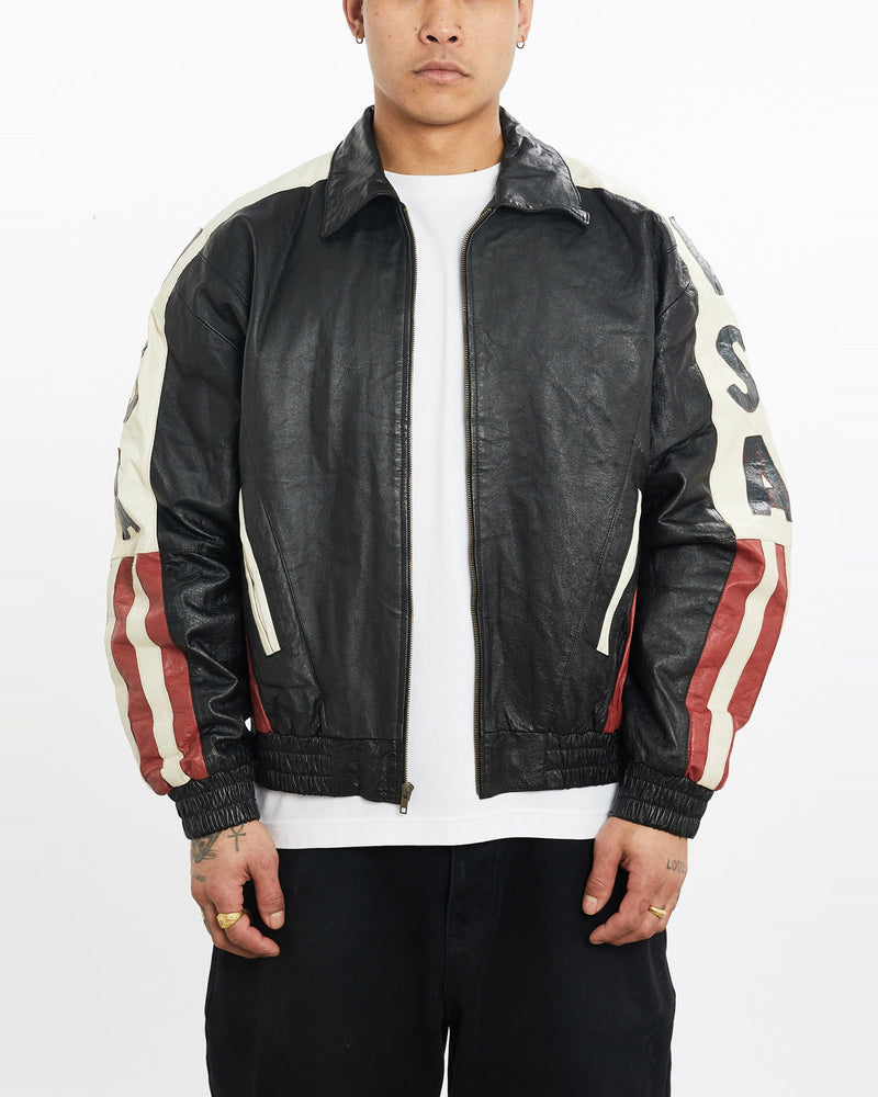 Vintage, 90s, U.S.A, Leather, Bomber, Jacket, The Real Deal, size extra large, colour Multicolour, newtown, sydney, australia, thrift store, opshop, preloved, secondhand, sustainable, retro, antique, 70s, 80s, 90s, 2000s, 00s, fashion, clothing, streetwear, trendy, garment, style, boutique, store, shop, archive, sale, cheap, best, top, Jackets