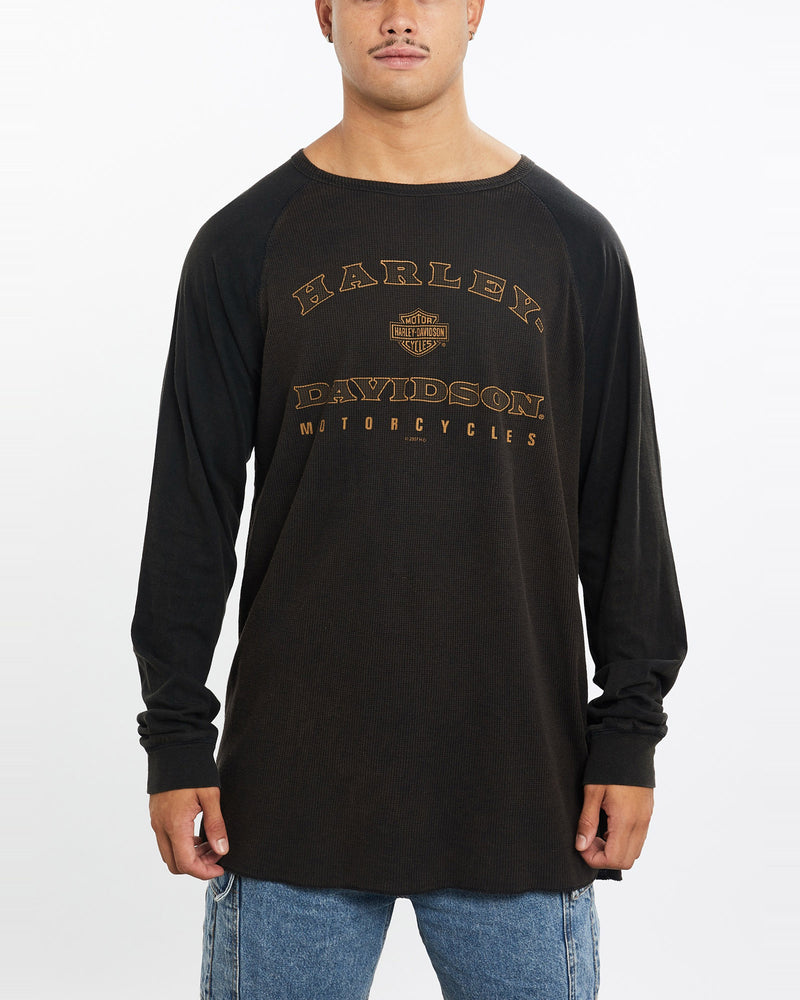 Vintage, Harley, Davidson, Thermal, Long, Sleeve, Tee, The Real Deal, size double extra large, colour Black, newtown, sydney, australia, thrift store, opshop, preloved, secondhand, sustainable, retro, antique, 70s, 80s, 90s, 2000s, 00s, fashion, clothing, streetwear, trendy, garment, style, boutique, store, shop, archive, sale, cheap, best, top, T-Shirts