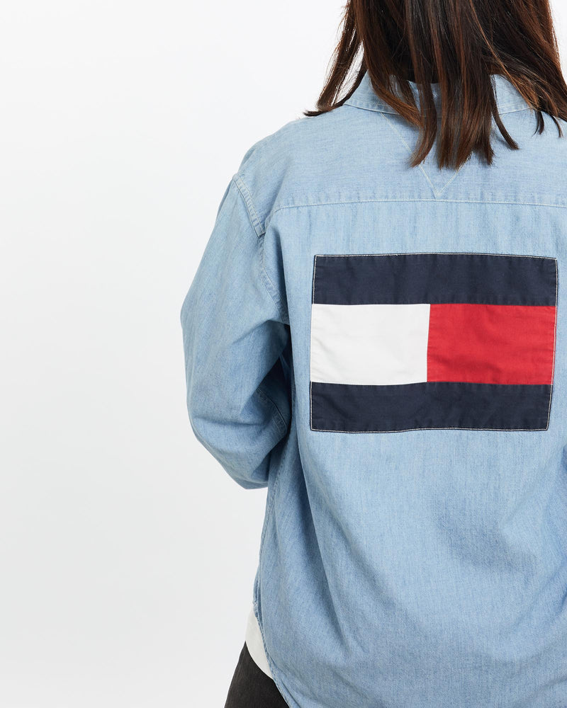 Vintage, 90s, Tommy, Hilfiger, Chambray, Button, Up, Shirt, The Real Deal, size extra small, colour Navy, newtown, sydney, australia, thrift store, opshop, preloved, secondhand, sustainable, retro, antique, 70s, 80s, 90s, 2000s, 00s, fashion, clothing, streetwear, trendy, garment, style, boutique, store, shop, archive, sale, cheap, best, top, Shirts