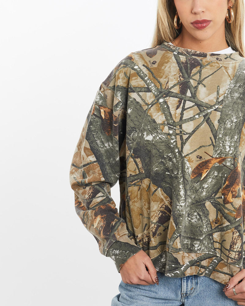Vintage, Realtree, Camo, Sweatshirt, The Real Deal, size extra small, colour Green, newtown, sydney, australia, thrift store, opshop, preloved, secondhand, sustainable, retro, antique, 70s, 80s, 90s, 2000s, 00s, fashion, clothing, streetwear, trendy, garment, style, boutique, store, shop, archive, sale, cheap, best, top, Sweats and hoodies