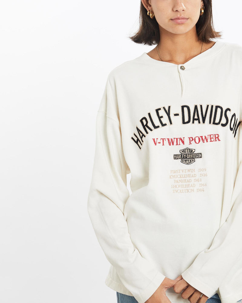 Vintage, Harley, Davidson, Long, Sleeve, Henley, Tee, The Real Deal, size medium, colour Beige, newtown, sydney, australia, thrift store, opshop, preloved, secondhand, sustainable, retro, antique, 70s, 80s, 90s, 2000s, 00s, fashion, clothing, streetwear, trendy, garment, style, boutique, store, shop, archive, sale, cheap, best, top, T-Shirts