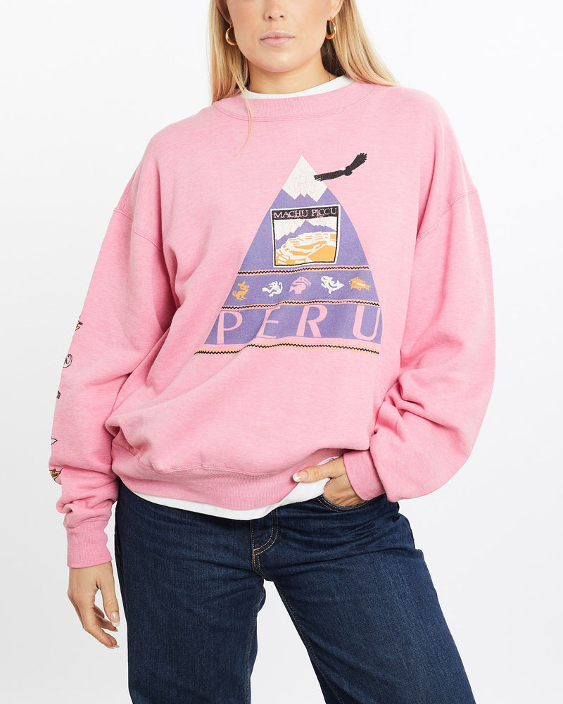 Vintage, 90s, Machu, Picchu, Peru, Sweatshirt, The Real Deal, size medium, colour Pink, newtown, sydney, australia, thrift store, opshop, preloved, secondhand, sustainable, retro, antique, 70s, 80s, 90s, 2000s, 00s, fashion, clothing, streetwear, trendy, garment, style, boutique, store, shop, archive, sale, cheap, best, top, Sweats and hoodies