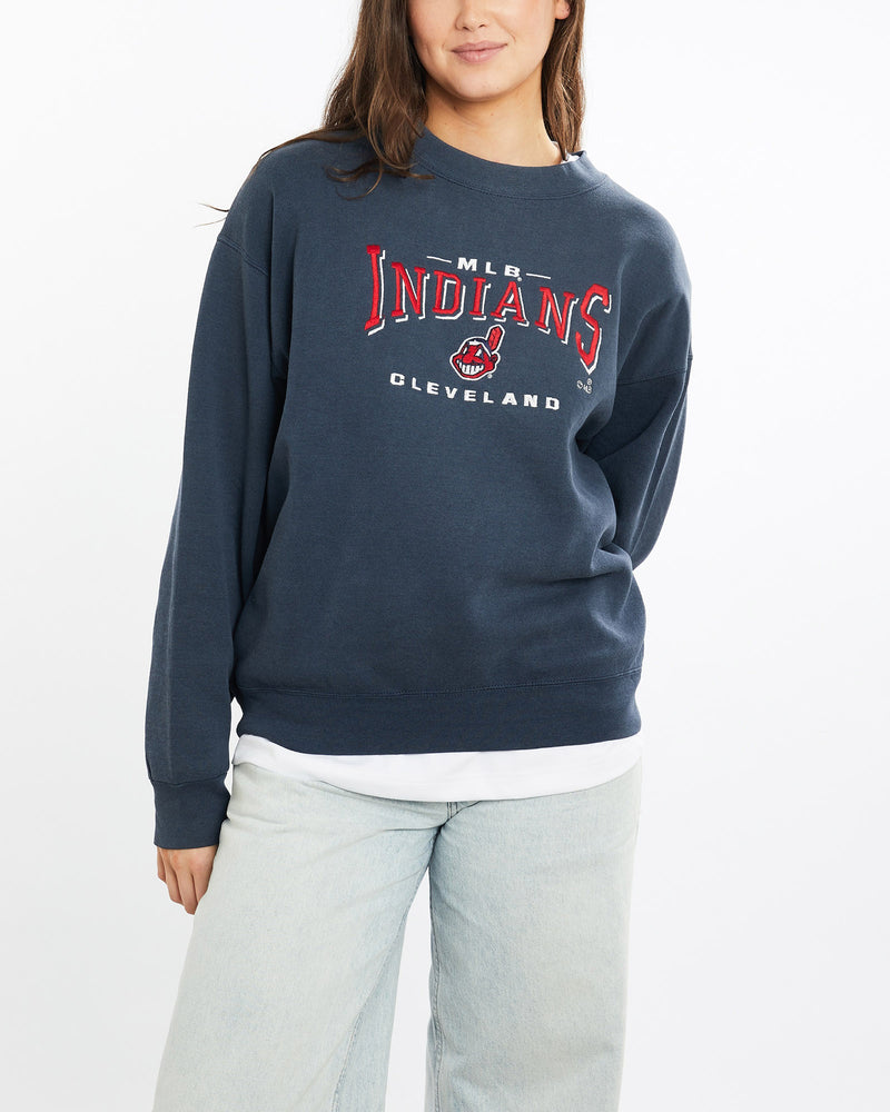 Vintage, 90s, MLB, Cleveland, Indians, Sweatshirt, The Real Deal, size medium, colour Blue, newtown, sydney, australia, thrift store, opshop, preloved, secondhand, sustainable, retro, antique, 70s, 80s, 90s, 2000s, 00s, fashion, clothing, streetwear, trendy, garment, style, boutique, store, shop, archive, sale, cheap, best, top, Sweats and hoodies
