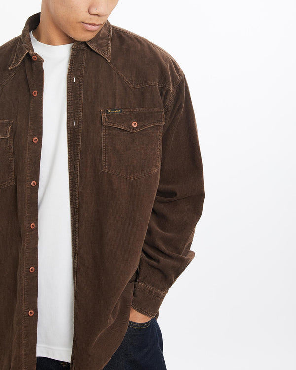 Vintage, Wrangler, Corduroy, Button, Up, Shirt, The Real Deal, size large, colour Brown, newtown, sydney, australia, thrift store, opshop, preloved, secondhand, sustainable, retro, antique, 70s, 80s, 90s, 2000s, 00s, fashion, clothing, streetwear, trendy, garment, style, boutique, store, shop, archive, sale, cheap, best, top, Shirts