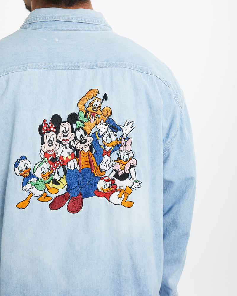 Vintage Disney Mickey Mouse Chambray Button Up Shirt <br>L , The Real Deal , newtown, sydney, australia, thrift store, opshop, preloved, secondhand, sustainable, retro, antique, 70s, 80s, 90s, 2000s, 00s, fashion, clothing, streetwear, trendy, garment, style, boutique, store, shop, archive, sale, cheap, best, top
