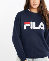 Vintage, 90s, Fila, Sweatshirt, The Real Deal, size medium, colour Navy, newtown, sydney, australia, thrift store, opshop, preloved, secondhand, sustainable, retro, antique, 70s, 80s, 90s, 2000s, 00s, fashion, clothing, streetwear, trendy, garment, style, boutique, store, shop, archive, sale, cheap, best, top, Sweats and hoodies