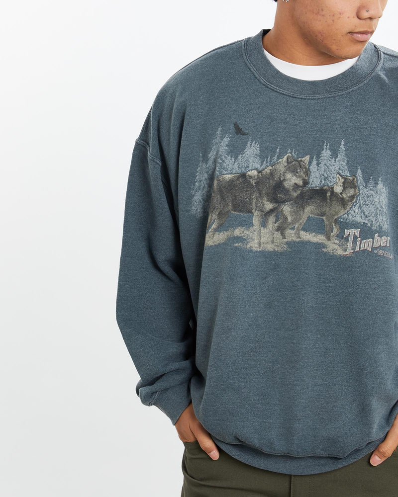 Vintage, Timber, Wolf, Wildlife, Sweatshirt, The Real Deal, size large, colour Blue, newtown, sydney, australia, thrift store, opshop, preloved, secondhand, sustainable, retro, antique, 70s, 80s, 90s, 2000s, 00s, fashion, clothing, streetwear, trendy, garment, style, boutique, store, shop, archive, sale, cheap, best, top, Sweats and hoodies