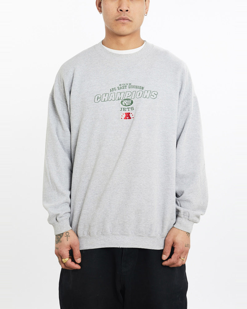 Vintage, NFL, New, York, Jets, Sweatshirt, The Real Deal, size extra large, colour Grey, newtown, sydney, australia, thrift store, opshop, preloved, secondhand, sustainable, retro, antique, 70s, 80s, 90s, 2000s, 00s, fashion, clothing, streetwear, trendy, garment, style, boutique, store, shop, archive, sale, cheap, best, top, Sweats and hoodies