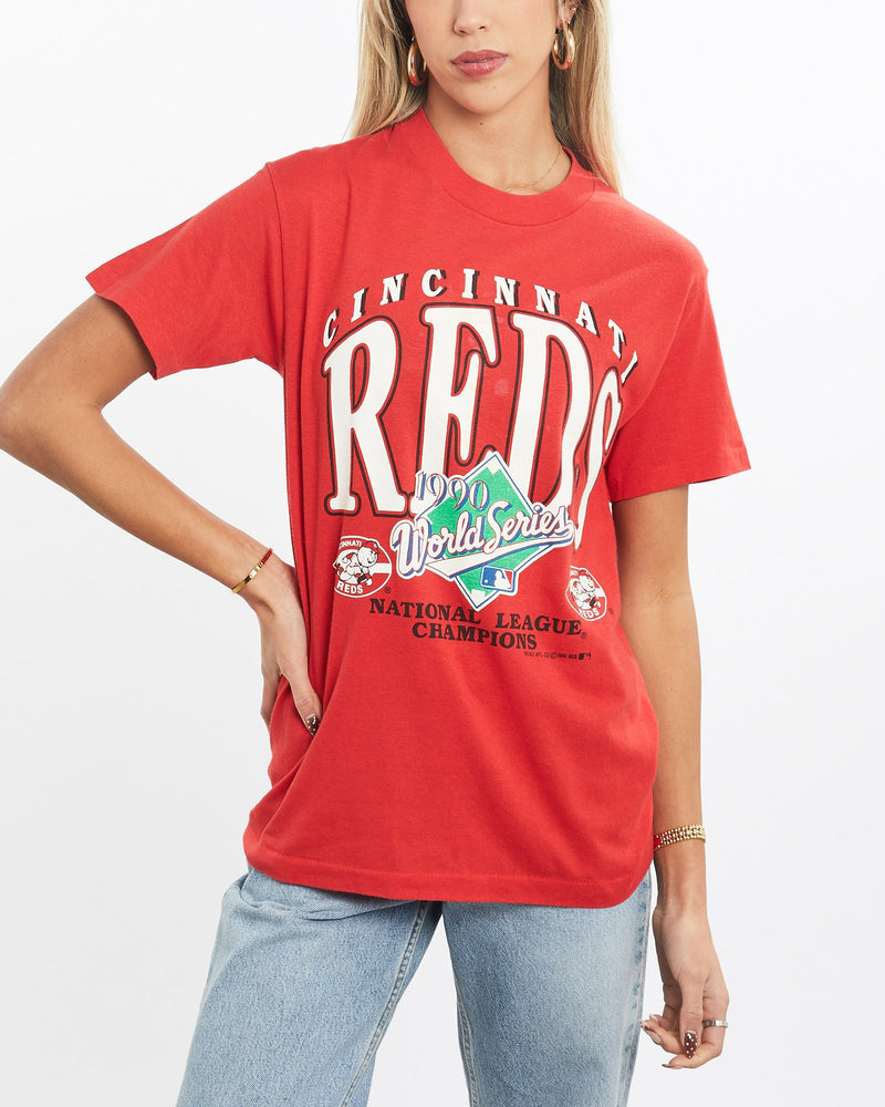 Vintage, 1990, MLB, Cincinnati, Reds, World, Series, Tee, The Real Deal, size extra small, colour Red, newtown, sydney, australia, thrift store, opshop, preloved, secondhand, sustainable, retro, antique, 70s, 80s, 90s, 2000s, 00s, fashion, clothing, streetwear, trendy, garment, style, boutique, store, shop, archive, sale, cheap, best, top, T-Shirts