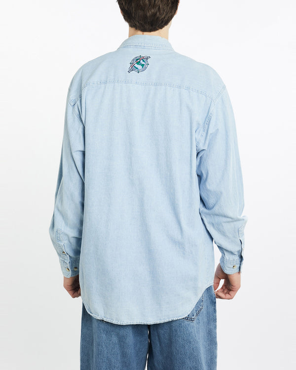 Vintage, 90s, Hard, Rock, Cafe, Denim, Button, Up, Shirt, The Real Deal, size extra large, colour Blue, newtown, sydney, australia, thrift store, opshop, preloved, secondhand, sustainable, retro, antique, 70s, 80s, 90s, 2000s, 00s, fashion, clothing, streetwear, trendy, garment, style, boutique, store, shop, archive, sale, cheap, best, top, Shirts