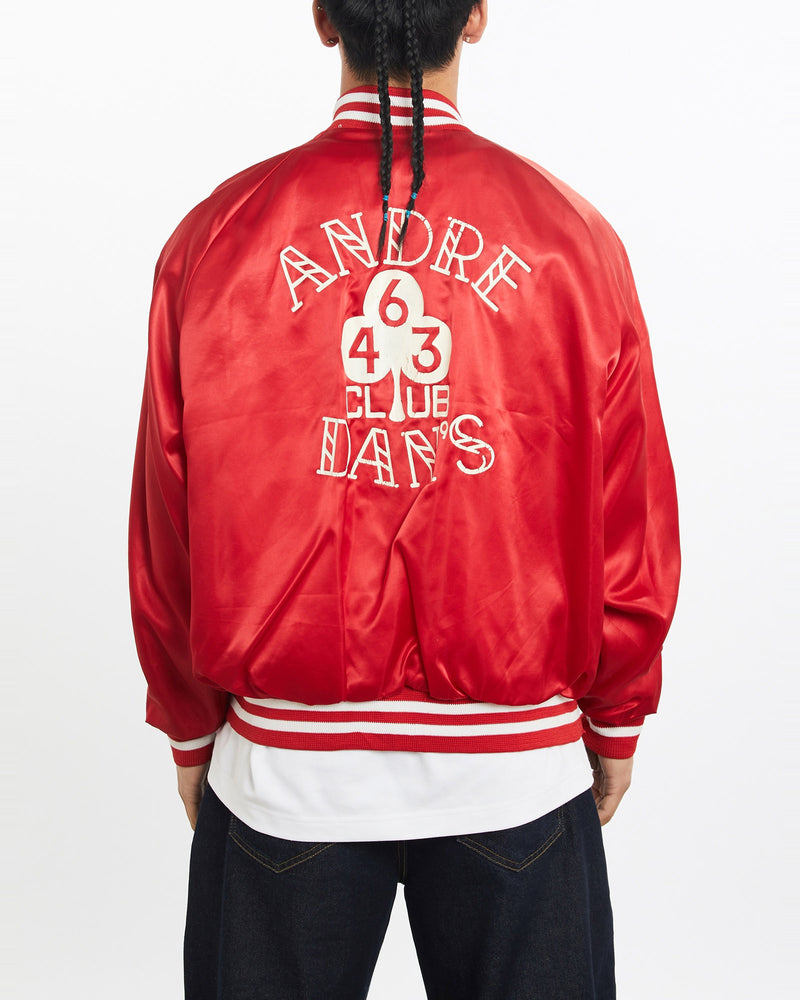 Vintage, 90s, Andre, Dan's, Club', Satin, Bomber, Jacket, The Real Deal, size large, colour Red, newtown, sydney, australia, thrift store, opshop, preloved, secondhand, sustainable, retro, antique, 70s, 80s, 90s, 2000s, 00s, fashion, clothing, streetwear, trendy, garment, style, boutique, store, shop, archive, sale, cheap, best, top, Jackets