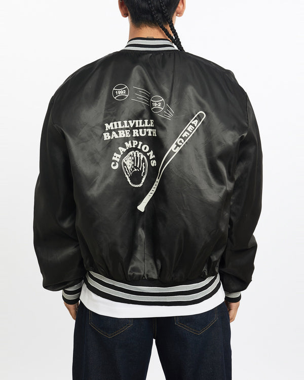 Vintage, 1992, Baseball, Satin, Bomber, Jacket, The Real Deal, size extra large, colour Black, newtown, sydney, australia, thrift store, opshop, preloved, secondhand, sustainable, retro, antique, 70s, 80s, 90s, 2000s, 00s, fashion, clothing, streetwear, trendy, garment, style, boutique, store, shop, archive, sale, cheap, best, top, Jackets