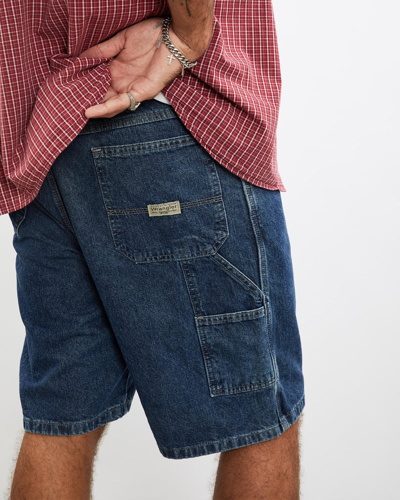 Vintage, Wrangler, Denim, Carpenter, Shorts, The Real Deal, size 36", colour Blue, newtown, sydney, australia, thrift store, opshop, preloved, secondhand, sustainable, retro, antique, 70s, 80s, 90s, 2000s, 00s, fashion, clothing, streetwear, trendy, garment, style, boutique, store, shop, archive, sale, cheap, best, top, Shorts