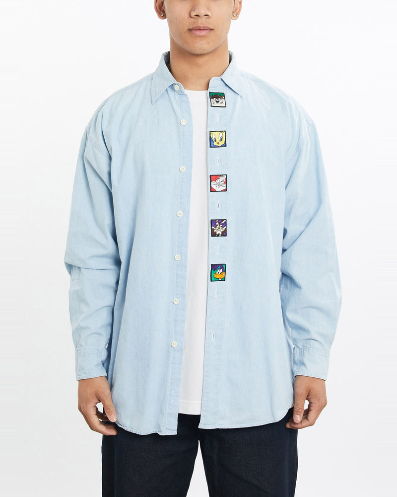 Vintage, 1993, Looney, Tunes, Denim, Button, Up, Shirt, The Real Deal, size large, colour Blue, newtown, sydney, australia, thrift store, opshop, preloved, secondhand, sustainable, retro, antique, 70s, 80s, 90s, 2000s, 00s, fashion, clothing, streetwear, trendy, garment, style, boutique, store, shop, archive, sale, cheap, best, top, Shirts