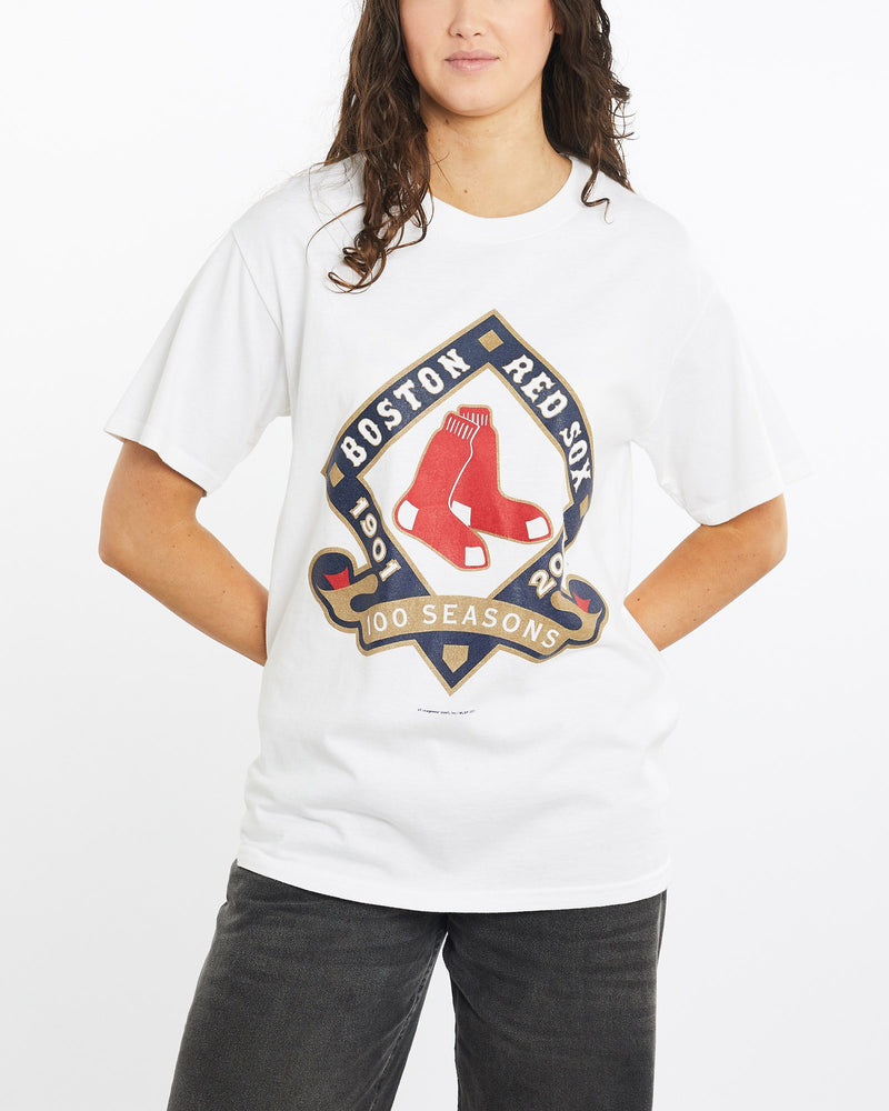 Vintage, MLB, Boston, Red, Sox, Tee, The Real Deal, size medium, colour White, newtown, sydney, australia, thrift store, opshop, preloved, secondhand, sustainable, retro, antique, 70s, 80s, 90s, 2000s, 00s, fashion, clothing, streetwear, trendy, garment, style, boutique, store, shop, archive, sale, cheap, best, top, T-Shirts