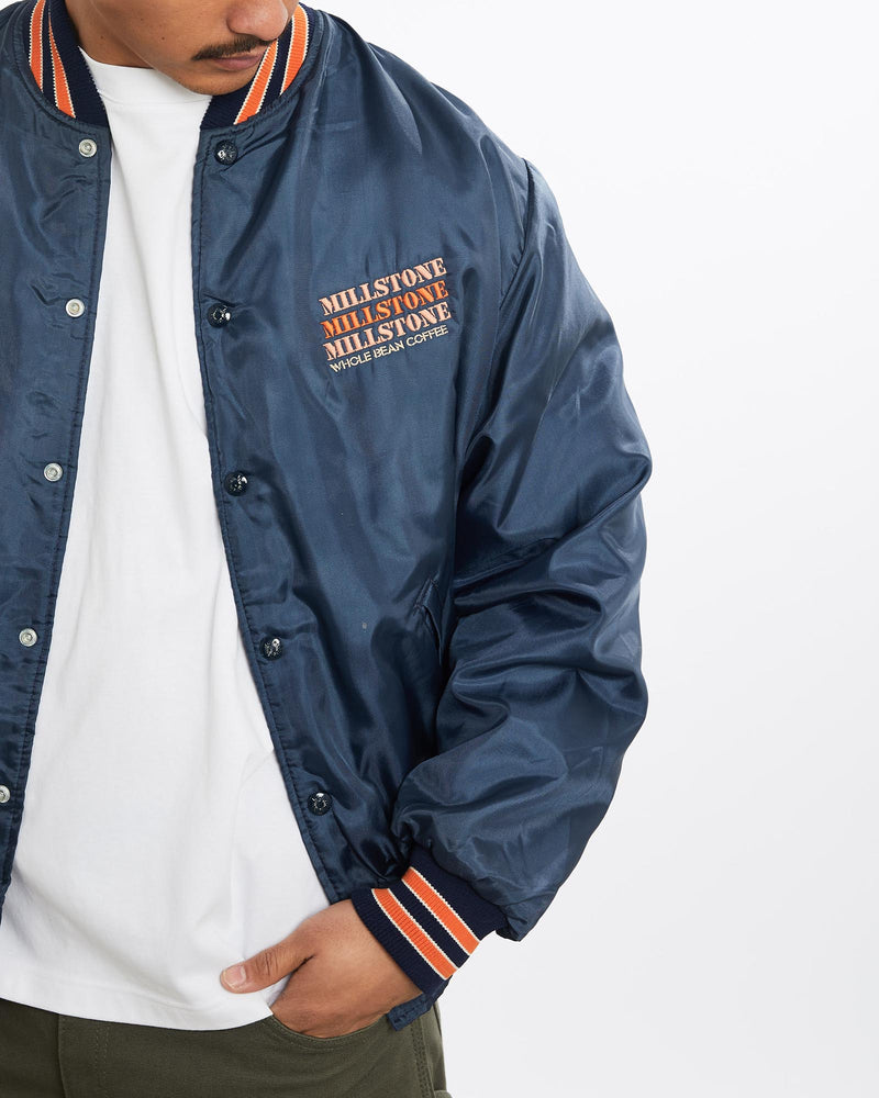 Vintage, 90s, Millstone, Coffee, Varsity, Jacket, The Real Deal, size large, colour Navy, newtown, sydney, australia, thrift store, opshop, preloved, secondhand, sustainable, retro, antique, 70s, 80s, 90s, 2000s, 00s, fashion, clothing, streetwear, trendy, garment, style, boutique, store, shop, archive, sale, cheap, best, top, Jackets