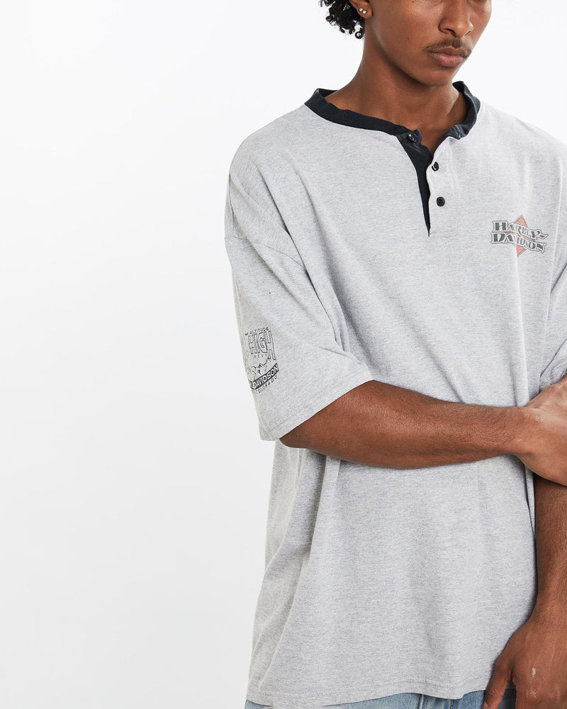 Vintage, Harley, Davidson, Henley, Tee, The Real Deal, size extra large, colour Grey, newtown, sydney, australia, thrift store, opshop, preloved, secondhand, sustainable, retro, antique, 70s, 80s, 90s, 2000s, 00s, fashion, clothing, streetwear, trendy, garment, style, boutique, store, shop, archive, sale, cheap, best, top, T-Shirts