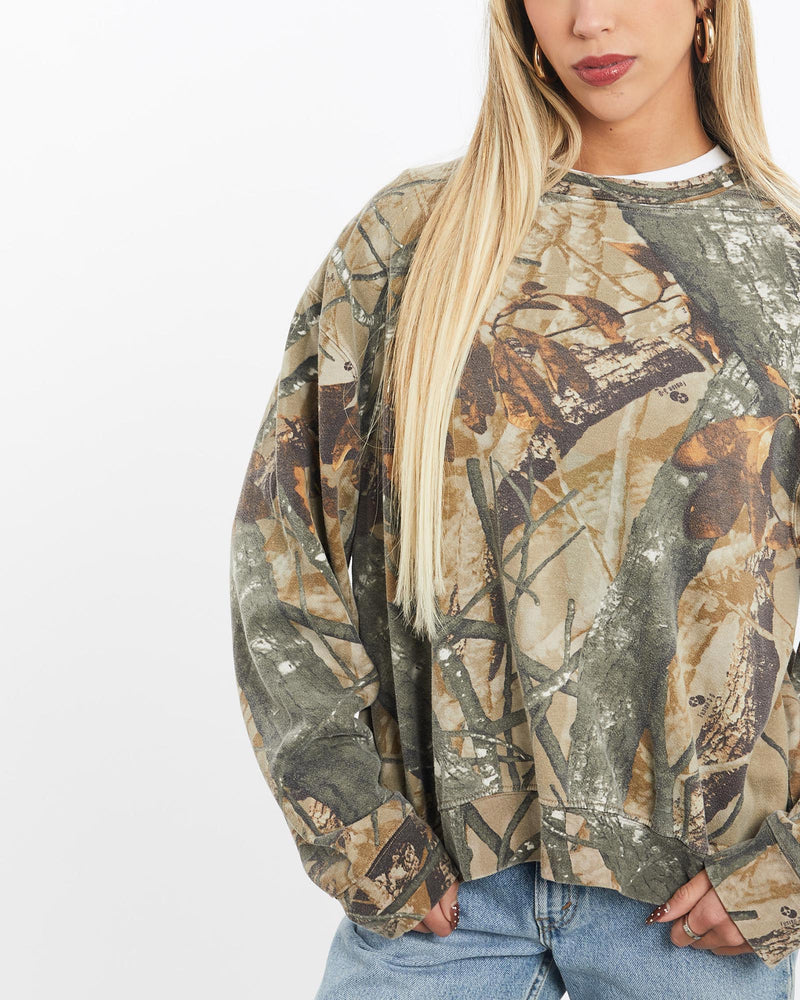 Vintage, Realtree, Camo, Sweatshirt, The Real Deal, size extra small, colour Green, newtown, sydney, australia, thrift store, opshop, preloved, secondhand, sustainable, retro, antique, 70s, 80s, 90s, 2000s, 00s, fashion, clothing, streetwear, trendy, garment, style, boutique, store, shop, archive, sale, cheap, best, top, Sweats and hoodies