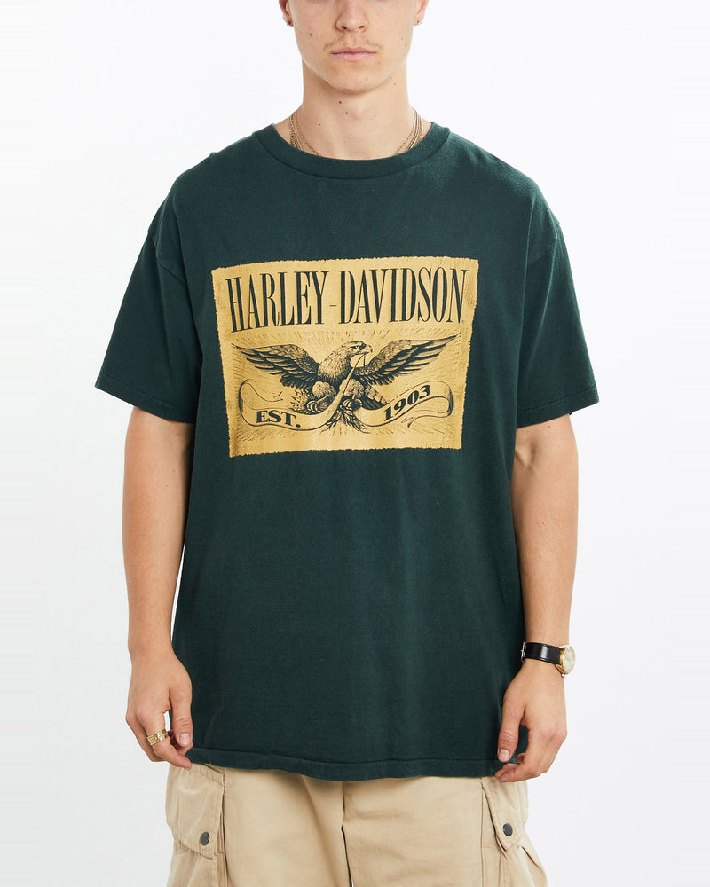 Vintage, 90s, Harley, Davidson, Tee, The Real Deal, size large, colour Green, newtown, sydney, australia, thrift store, opshop, preloved, secondhand, sustainable, retro, antique, 70s, 80s, 90s, 2000s, 00s, fashion, clothing, streetwear, trendy, garment, style, boutique, store, shop, archive, sale, cheap, best, top, T-Shirts