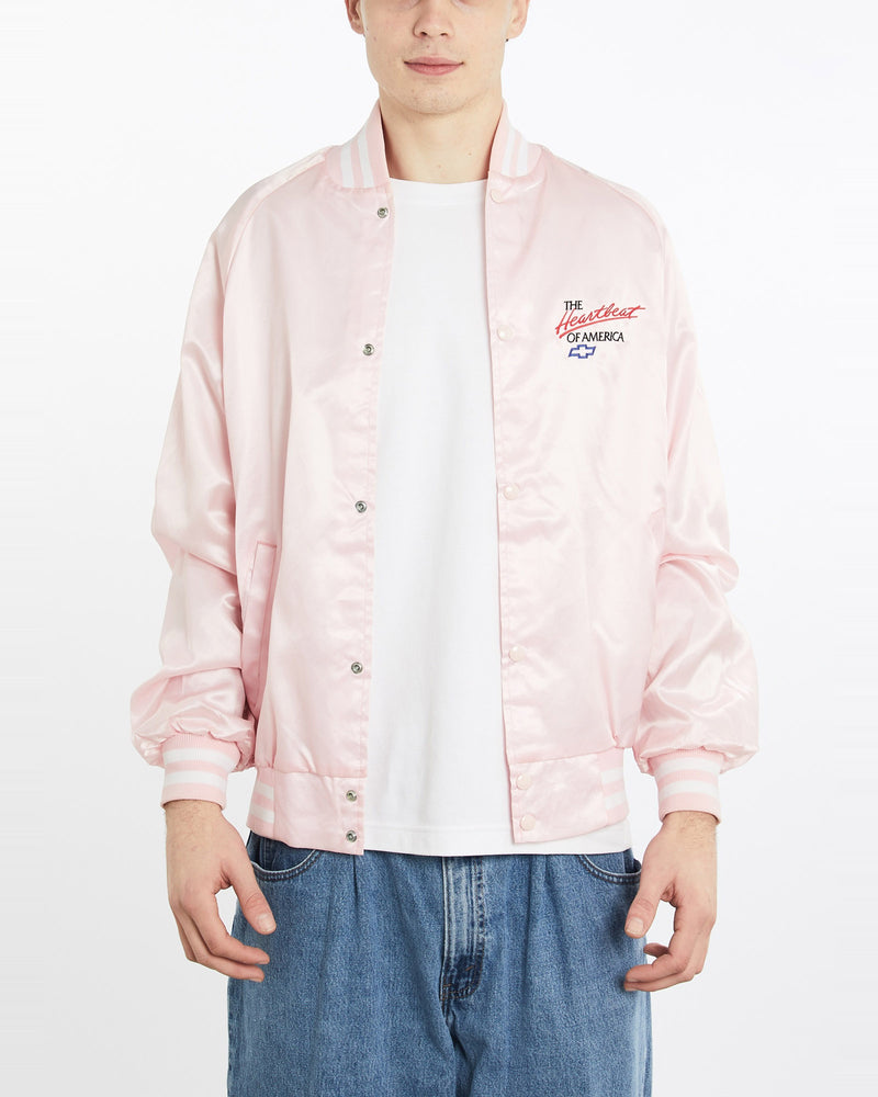 Vintage, 90s, Chevy, Heartbeat, Of, America', Satin, Bomber, Jacket, The Real Deal, size extra large, colour Pink, newtown, sydney, australia, thrift store, opshop, preloved, secondhand, sustainable, retro, antique, 70s, 80s, 90s, 2000s, 00s, fashion, clothing, streetwear, trendy, garment, style, boutique, store, shop, archive, sale, cheap, best, top, Jackets