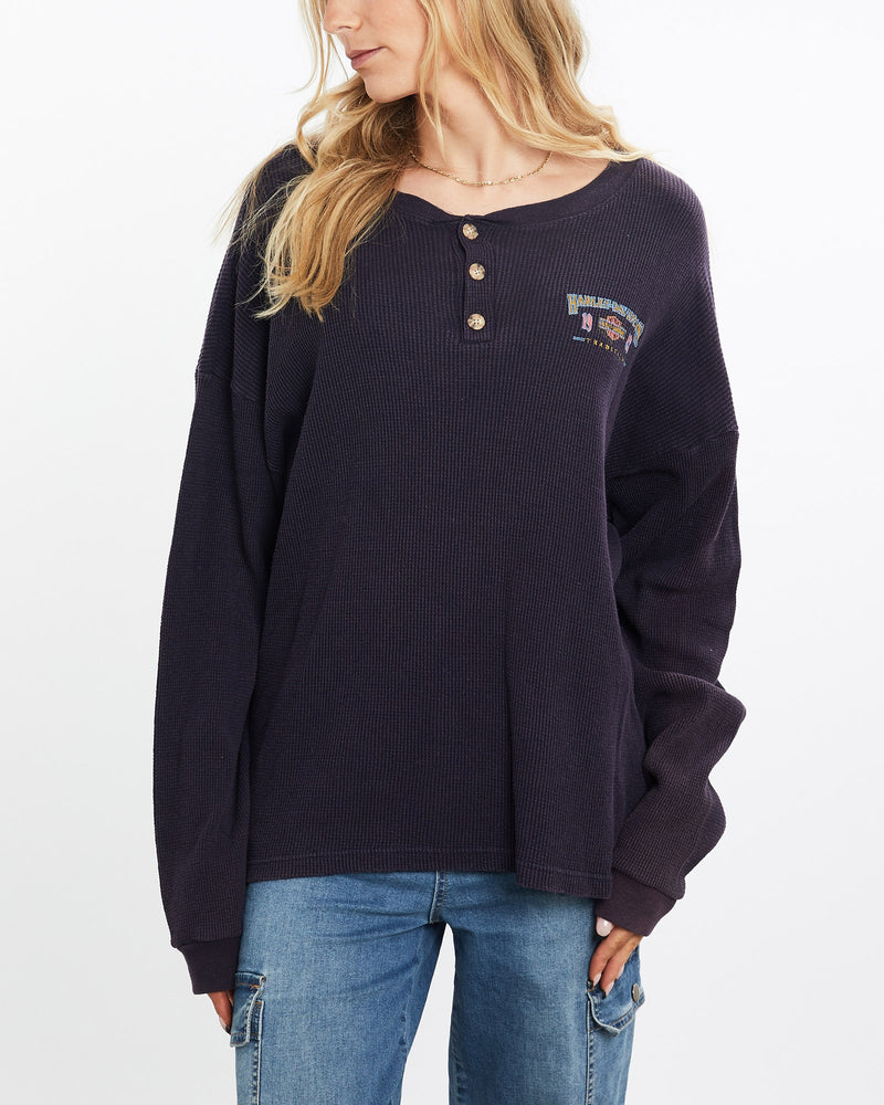 Vintage, Harley, Davidson, Thermal, Long, Sleeve, Tee, The Real Deal, size extra large, colour Purple, newtown, sydney, australia, thrift store, opshop, preloved, secondhand, sustainable, retro, antique, 70s, 80s, 90s, 2000s, 00s, fashion, clothing, streetwear, trendy, garment, style, boutique, store, shop, archive, sale, cheap, best, top, T-Shirts