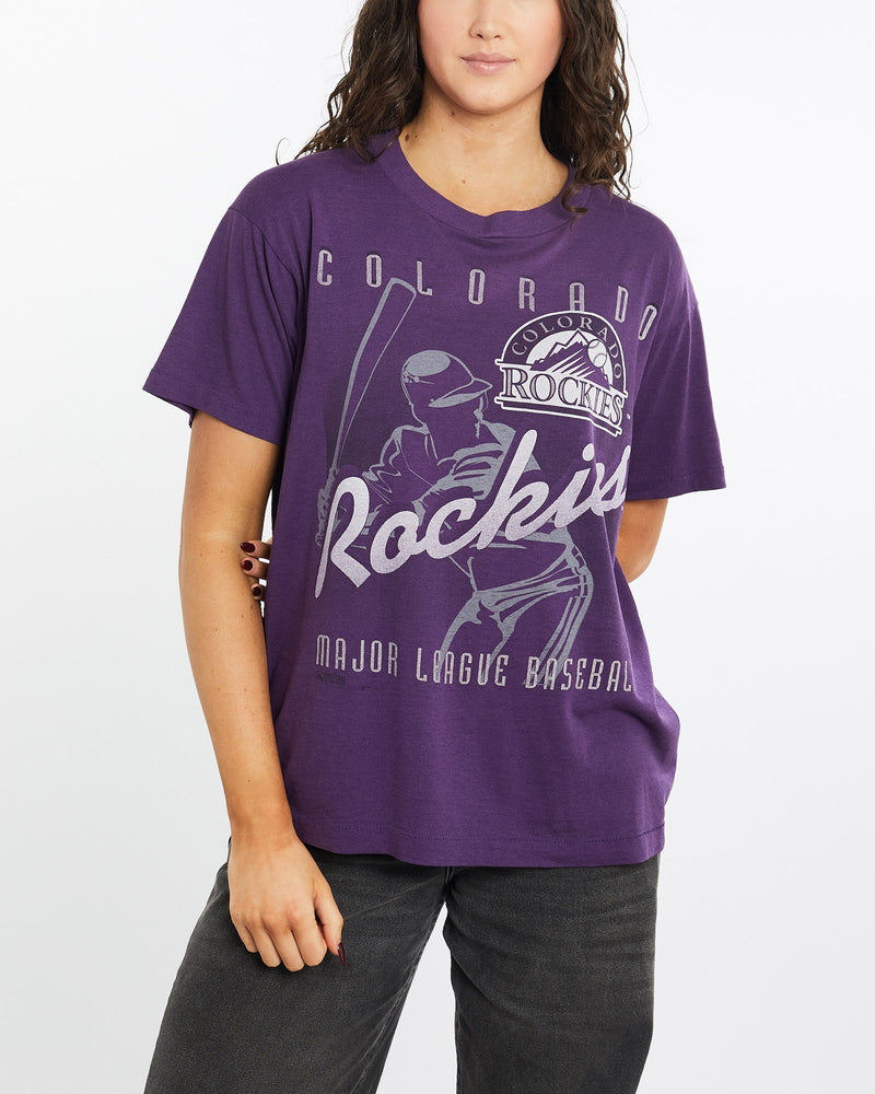 Vintage, 1995, MLB, Colorado, Rockies, Tee, The Real Deal, size medium, colour Purple, newtown, sydney, australia, thrift store, opshop, preloved, secondhand, sustainable, retro, antique, 70s, 80s, 90s, 2000s, 00s, fashion, clothing, streetwear, trendy, garment, style, boutique, store, shop, archive, sale, cheap, best, top, T-Shirts