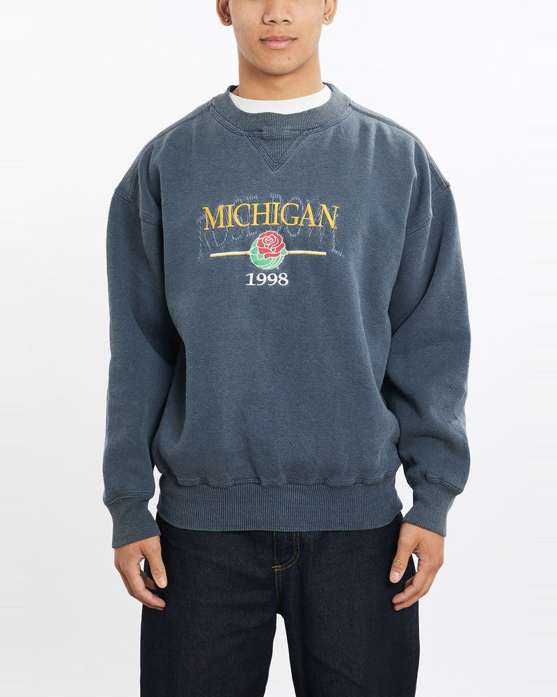 Vintage, 1998, University, of, Michigan, Rose, Bowl, Sweatshirt, The Real Deal, size large, colour Navy, newtown, sydney, australia, thrift store, opshop, preloved, secondhand, sustainable, retro, antique, 70s, 80s, 90s, 2000s, 00s, fashion, clothing, streetwear, trendy, garment, style, boutique, store, shop, archive, sale, cheap, best, top, Sweats and hoodies