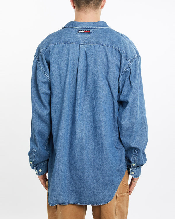Vintage, 90s, Tommy, Hilfiger, Jeans, Denim, Button, Up, Shirt, The Real Deal, size extra large, colour Blue, newtown, sydney, australia, thrift store, opshop, preloved, secondhand, sustainable, retro, antique, 70s, 80s, 90s, 2000s, 00s, fashion, clothing, streetwear, trendy, garment, style, boutique, store, shop, archive, sale, cheap, best, top, Shirts