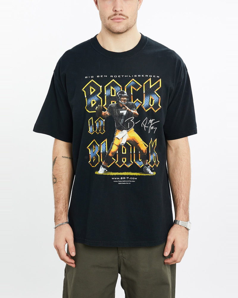 Vintage, Ben, Roethlisberger, NFL, Pittsburgh, Steelers, Tee, The Real Deal, size extra large, colour Black, newtown, sydney, australia, thrift store, opshop, preloved, secondhand, sustainable, retro, antique, 70s, 80s, 90s, 2000s, 00s, fashion, clothing, streetwear, trendy, garment, style, boutique, store, shop, archive, sale, cheap, best, top, T-Shirts