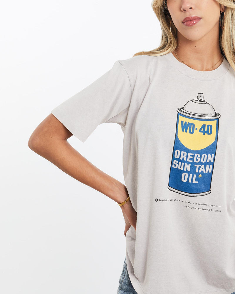 Vintage, 1985, WD-40, Tee, The Real Deal, size extra small, colour Beige, newtown, sydney, australia, thrift store, opshop, preloved, secondhand, sustainable, retro, antique, 70s, 80s, 90s, 2000s, 00s, fashion, clothing, streetwear, trendy, garment, style, boutique, store, shop, archive, sale, cheap, best, top, T-Shirts
