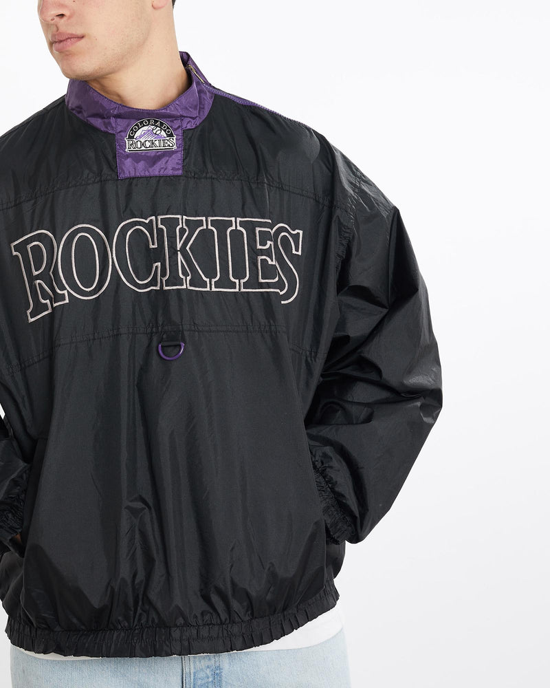 Vintage, 90s, MLB, Colorado, Rockies, Windbreaker, Jacket, The Real Deal, size double extra large, colour Black, newtown, sydney, australia, thrift store, opshop, preloved, secondhand, sustainable, retro, antique, 70s, 80s, 90s, 2000s, 00s, fashion, clothing, streetwear, trendy, garment, style, boutique, store, shop, archive, sale, cheap, best, top, Jackets