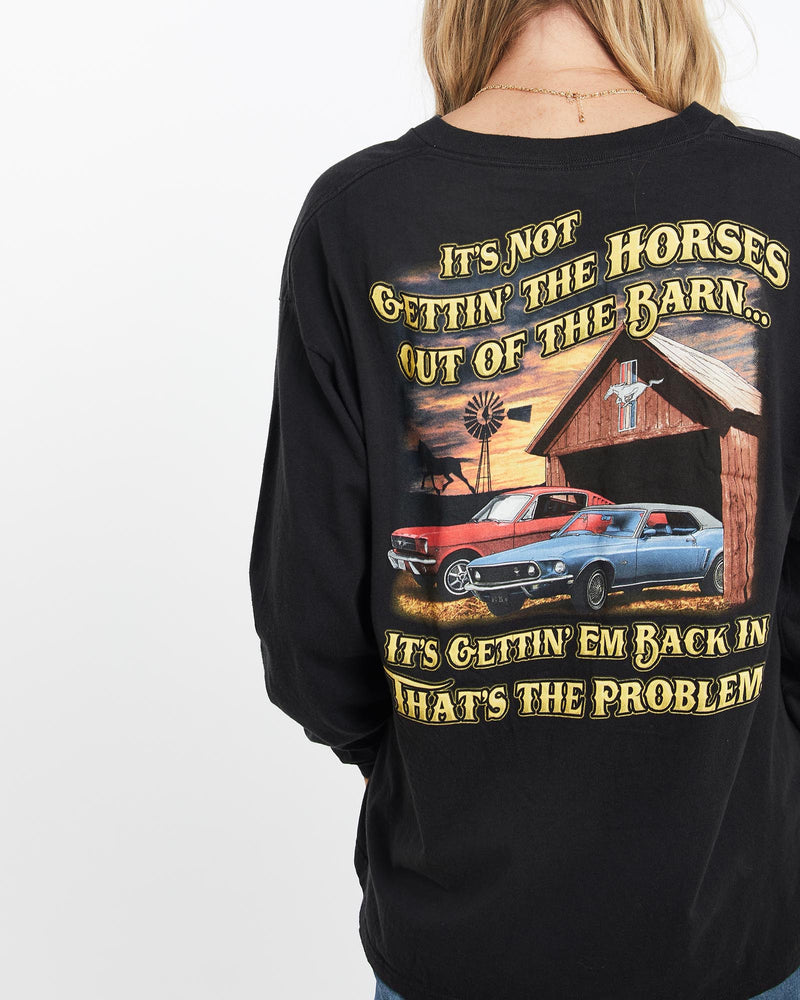 Vintage, Ford, Mustang, Long, Sleeve, Tee, The Real Deal, size medium, colour Black, newtown, sydney, australia, thrift store, opshop, preloved, secondhand, sustainable, retro, antique, 70s, 80s, 90s, 2000s, 00s, fashion, clothing, streetwear, trendy, garment, style, boutique, store, shop, archive, sale, cheap, best, top, T-Shirts